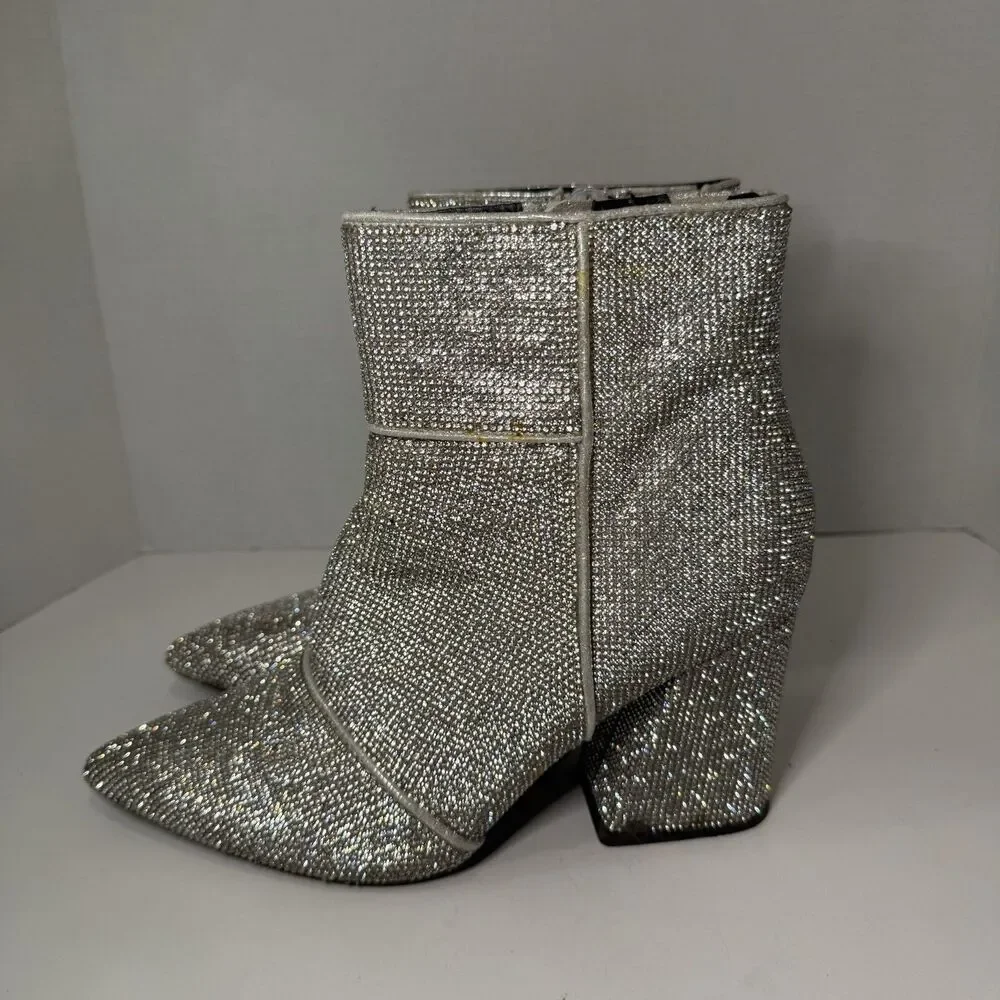 Sparkle Rhinestone Disco Ankle Boots Point Toe Block Heel Silver Women’s Size 8